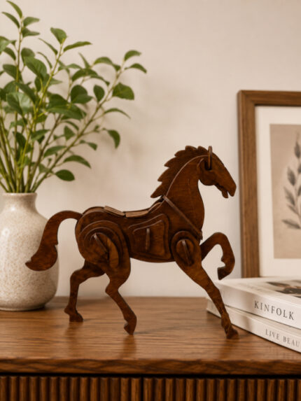 Majestic Prancing Stallion Wooden Miniature Model  Retro 3D Equine Puzzle Sculpture Table Decor