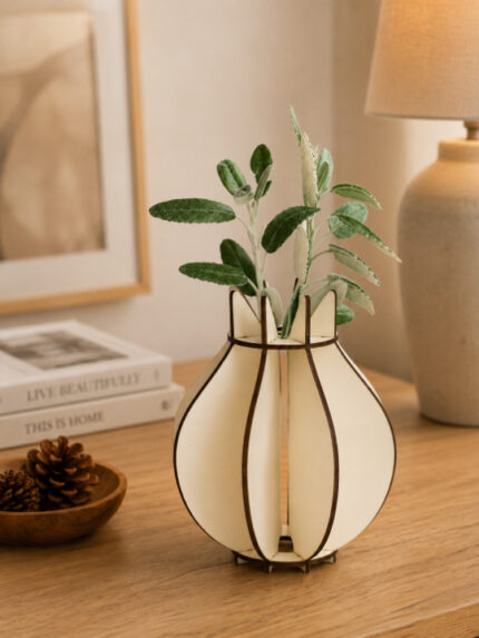 Minimalist Geometric Wooden Bud Vase  3D Laser-Cut Interlocking Bulb Silhouette Countertop Hydroponic Plant Display Table Decor