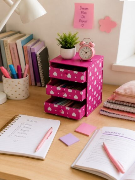 Pink Heart Print Folding Cube Desk Organizer Multi Functional Stationery and Jewelry Caddy