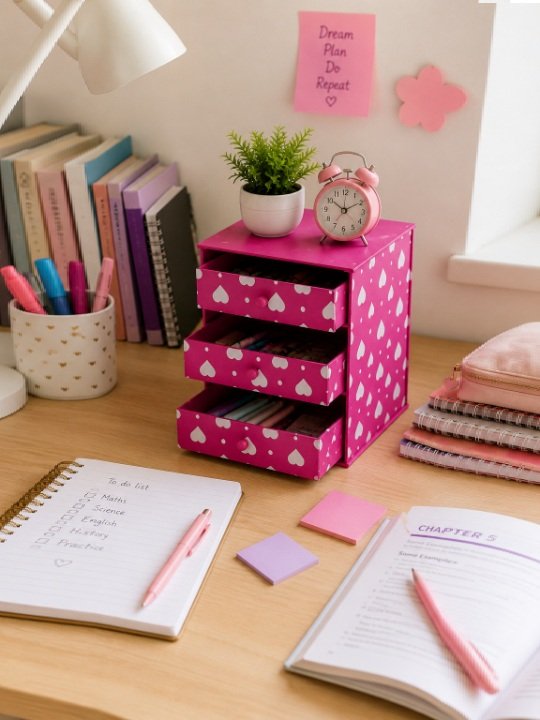 Pink Heart Print Folding Cube Desk Organizer Multi Functional Stationery and Jewelry Caddy