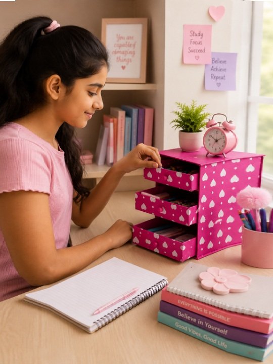 Pink Heart Print Folding Cube Desk Organizer Multi Functional Stationery and Jewelry Caddy - Image 3