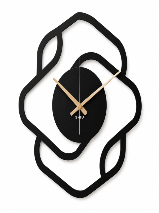 SHIU modern abstract wall clock featuring an overlapping matte black outline loop design with a vertical oval center dial and gold hands.