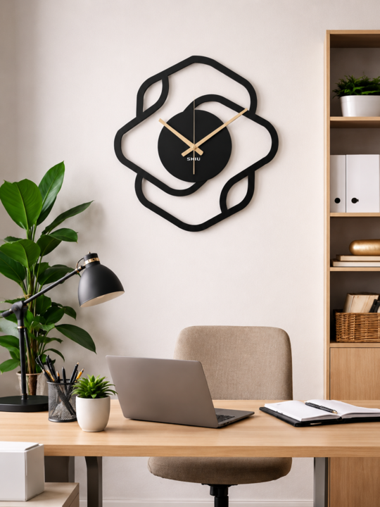 Contemporary SHIU black abstract continuous line clock hanging on a white wall above a modern wooden office desk with a laptop and a tan chair.