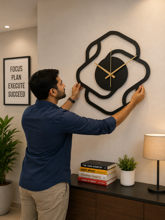 A man in a blue shirt adjusting the large circular SHIU abstract geometric modern analog decorative clock on a light-colored wall above a wooden sideboard storage unit.