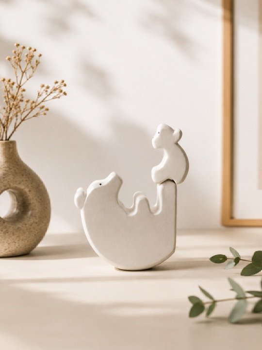 Minimalist Wooden Bear Figurine | Handcrafted Mother & Baby Bear Showpiece | Cute Nursery & Home Décor