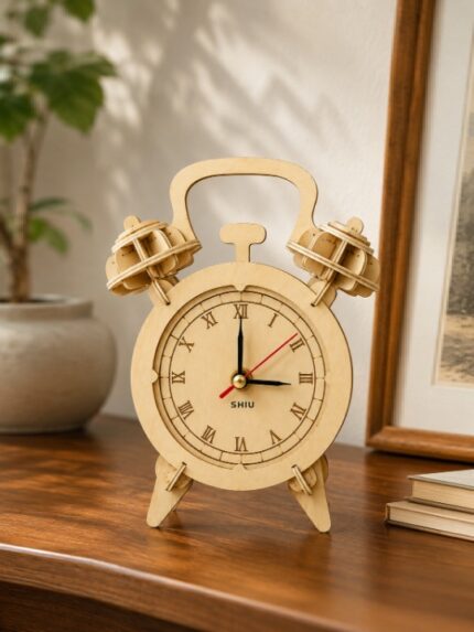 Retro Twin Bell Wooden Desk Clock Layered Laser Cut Tabletop Timepiece