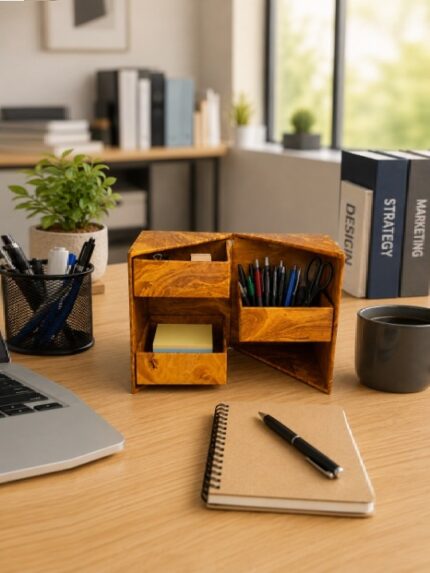 Wooden Burl Folding Cube Desk Organizer Multi Functional Jewelry Storage Box Caddy