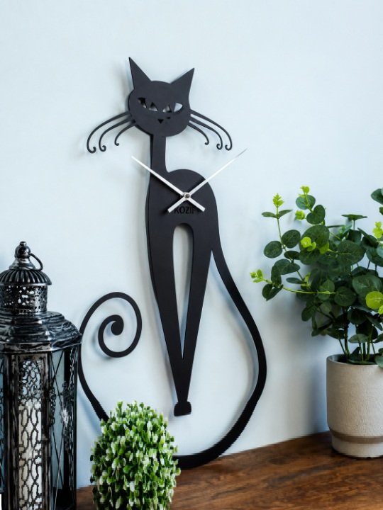 Sleek Feline Silhouette Matte Black Wall Clock | Modern Abstract Cat Wall Art Contemporary Designer Timepiece