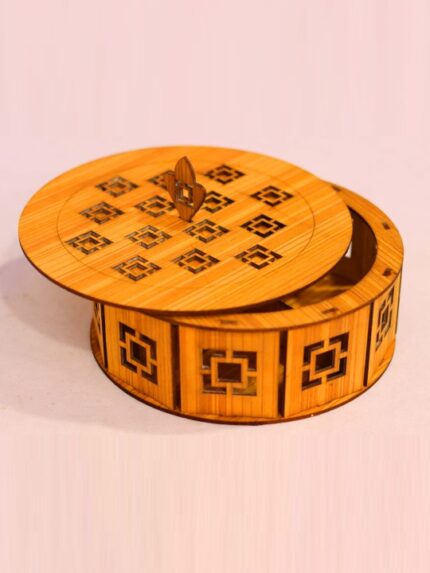 Round Wooden Storage Box with Lid Geometric Design Organizer Jewelry Gift Home Decor Elegant