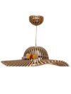 Whimsical Straw Hat Wooden Pendant Light – Novelty Slatted Sun Hat Hanging Ceiling Lamp with Bow Detail