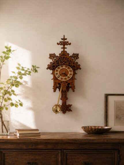 Vintage Gothic Fretwork Wooden Wall Clock with Pendulum Decorative Antique Style Timepiece