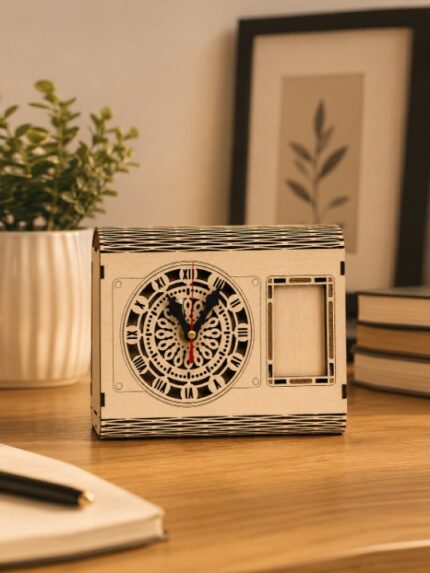 Dual Display Wooden Desktop Clock and Photo Frame Elegant Fretwork Vanity Timepiece