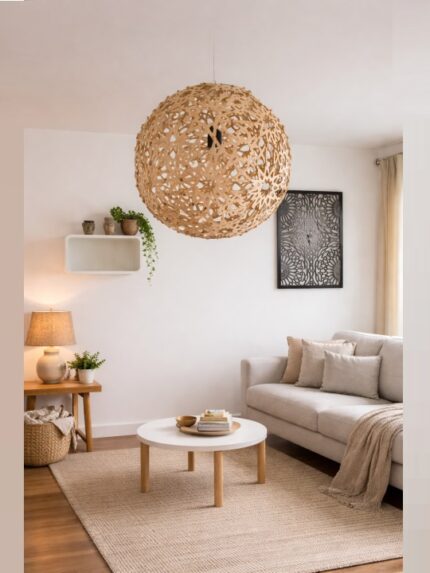 Floral Filigree Wooden Sphere Pendant Light – Oversized Laser-Cut Geometric Globe Chandelier for Living Room Decor