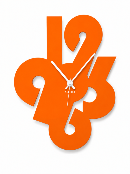 A man carefully hanging a large, vibrant orange decorative wall clock composed of interlocking numeric digits above a wooden cabinet.