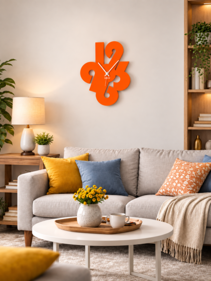 Contemporary Overlapping Collage Wall Clock | Vibrant Tangelo Orange Abstract Pop Art Number Designer Timepiece