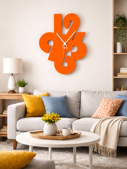 Oversized bright orange numeric collage wall clock styled as a vibrant centerpiece above a grey sofa with colorful accent pillows in a modern living room.